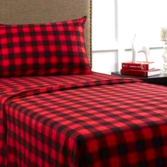 Mainstays 3 Piece Flannel Red and Black Buffalo Plaid Sheet Set - Twin #New - Picture 1 of 3